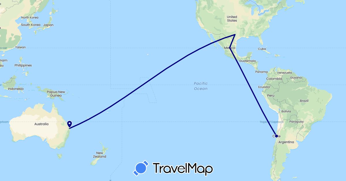 TravelMap itinerary: driving in Australia, Chile, Mexico, United States (North America, Oceania, South America)